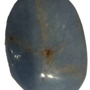 Angelite palm stone 4 2 sians emporium Polished blue angelite oval palm stone with natural earthy brown veining on a white background